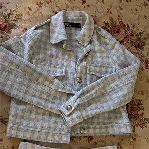 Zara Light Blue Checkered Jacket/skort set